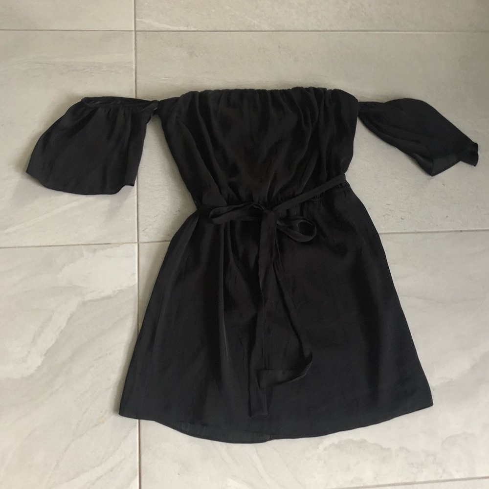 Silk black short flowy off the shoulder dress